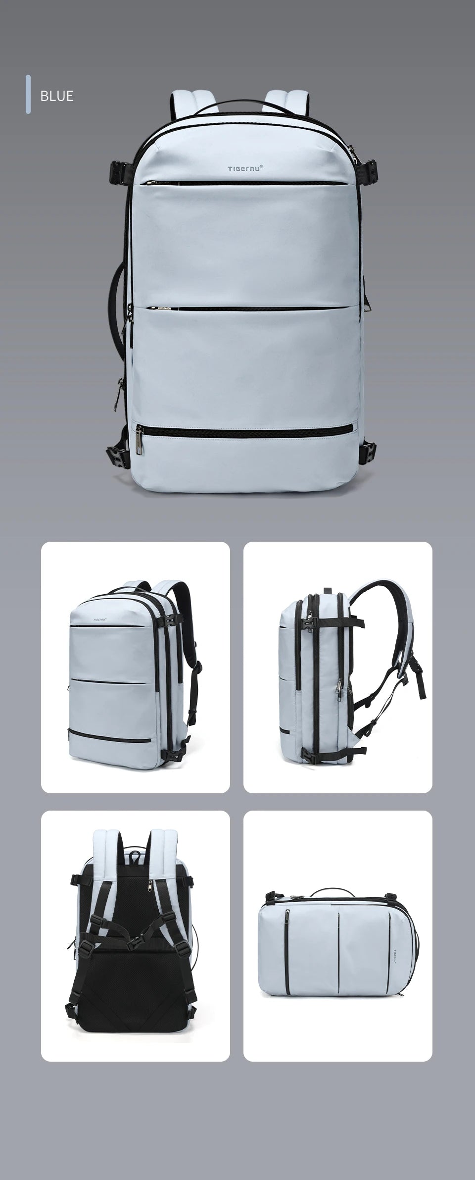 Mochila de viaje compresión al vacío 27–37L unisex | USB, portátil 17” y apta cabina