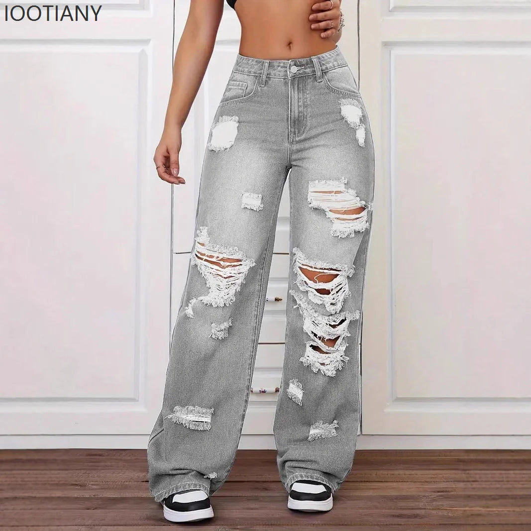 Jeans con roturas para mujer | Pernera ancha, tiro alto, estilo vintage desgastado