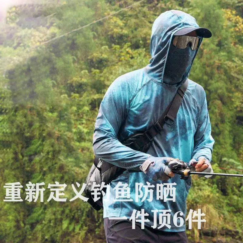 Camiseta ultraligera de verano con estampados de moda y capucha con protección solar UPF y mascarilla integrada; manga larga, transpirable e ideal para pesca con protección UV.