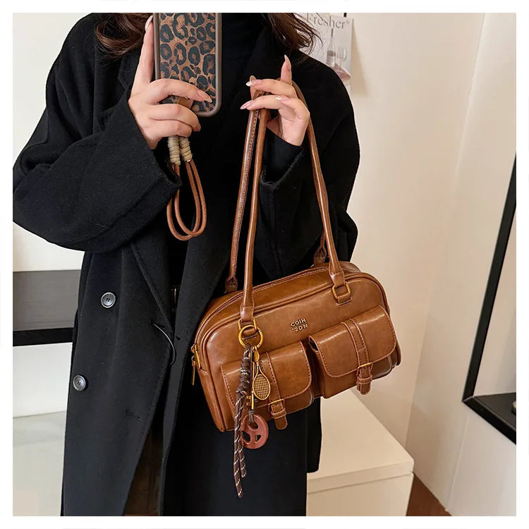 Bolso de hombro retro para mujer | Piel sintética con múltiples bolsillos y colgante desmontable