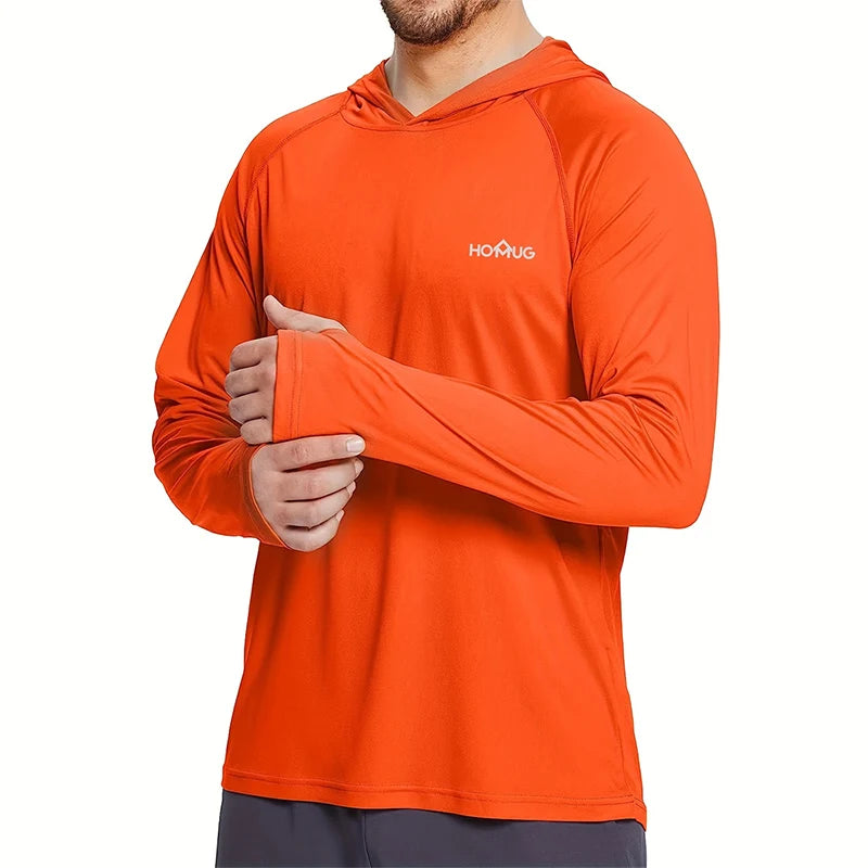 Sudadera con capucha y manga larga para hombre, con protección solar UPF 50+; prenda técnica e informal de secado rápido, ideal para correr o pescar.