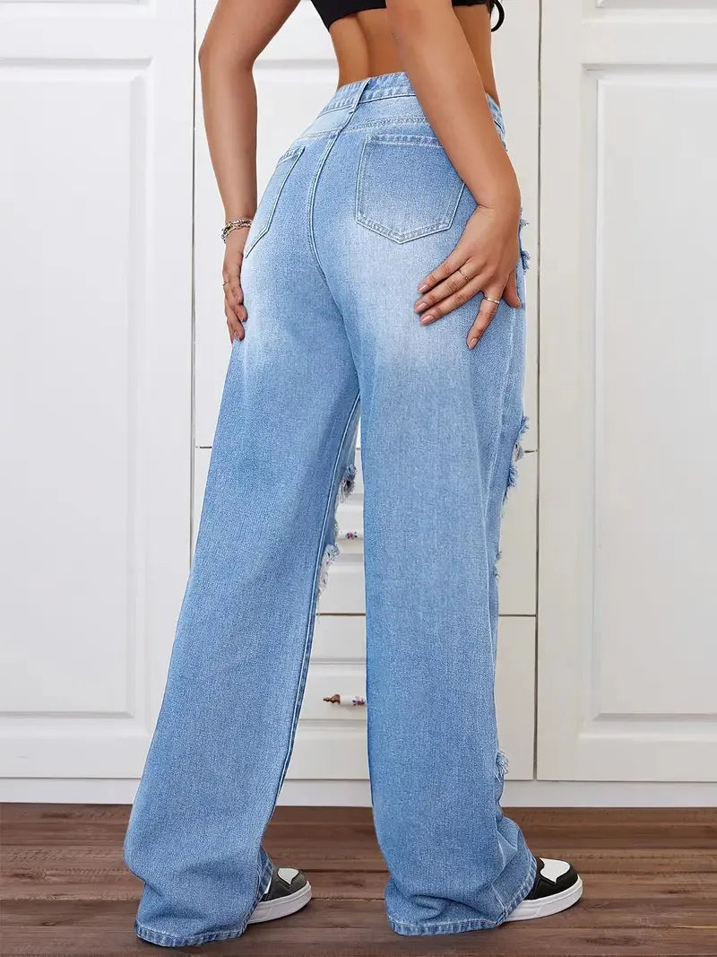 Jeans con roturas para mujer | Pernera ancha, tiro alto, estilo vintage desgastado