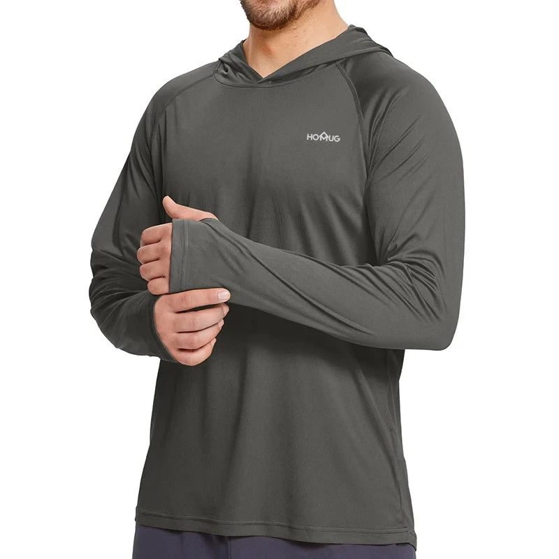 Sudadera con capucha y manga larga para hombre, con protección solar UPF 50+; prenda técnica e informal de secado rápido, ideal para correr o pescar.