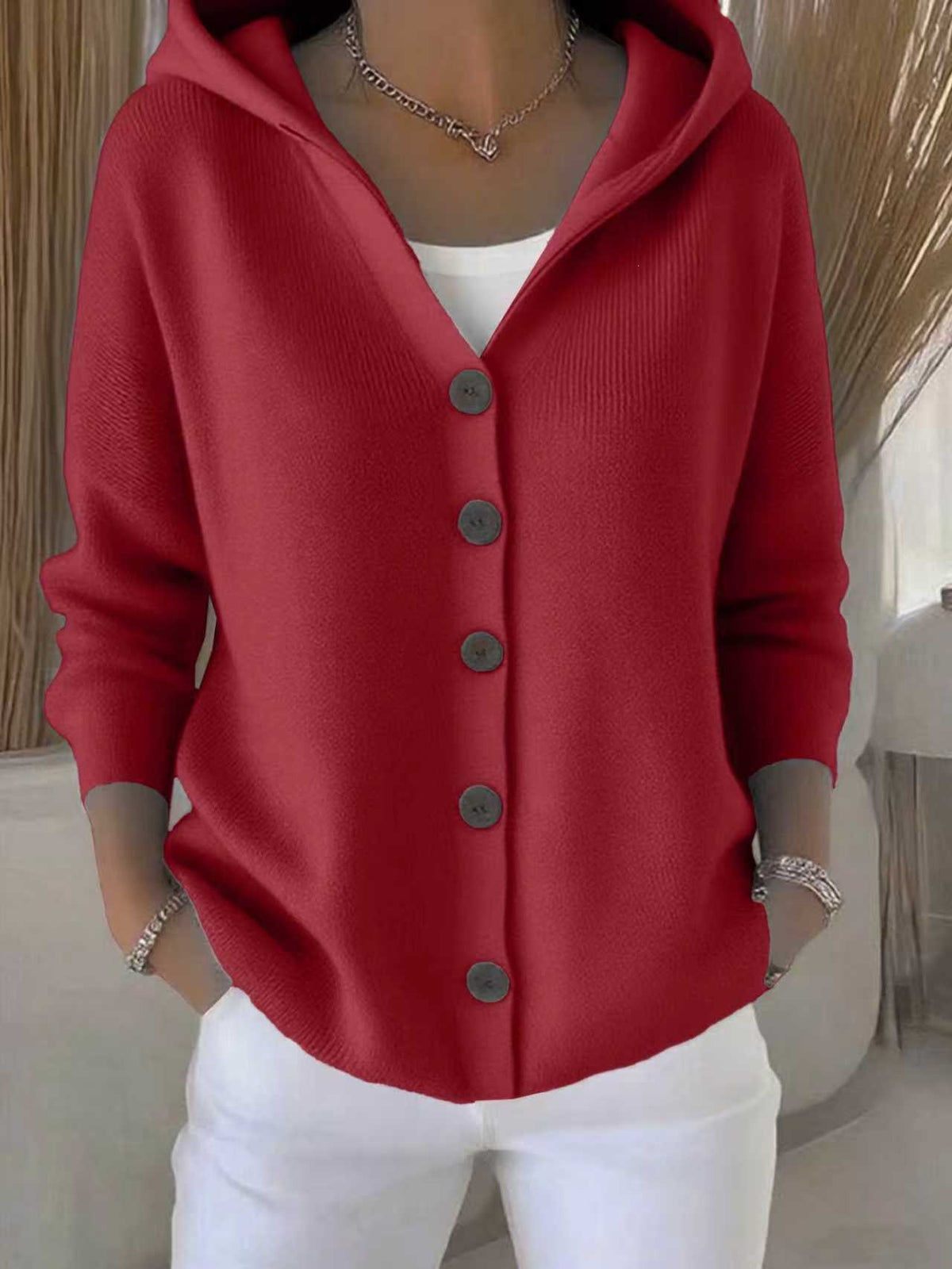 Chaqueta tipo cardigan de punto con capucha para mujer, estilo casual y liso