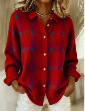 Cardigan tipo sueter y camisa de manga larga, holgado y casual, con estampado de cuadros.