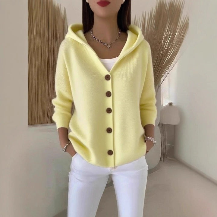 Chaqueta tipo cardigan de punto con capucha para mujer, estilo casual y liso