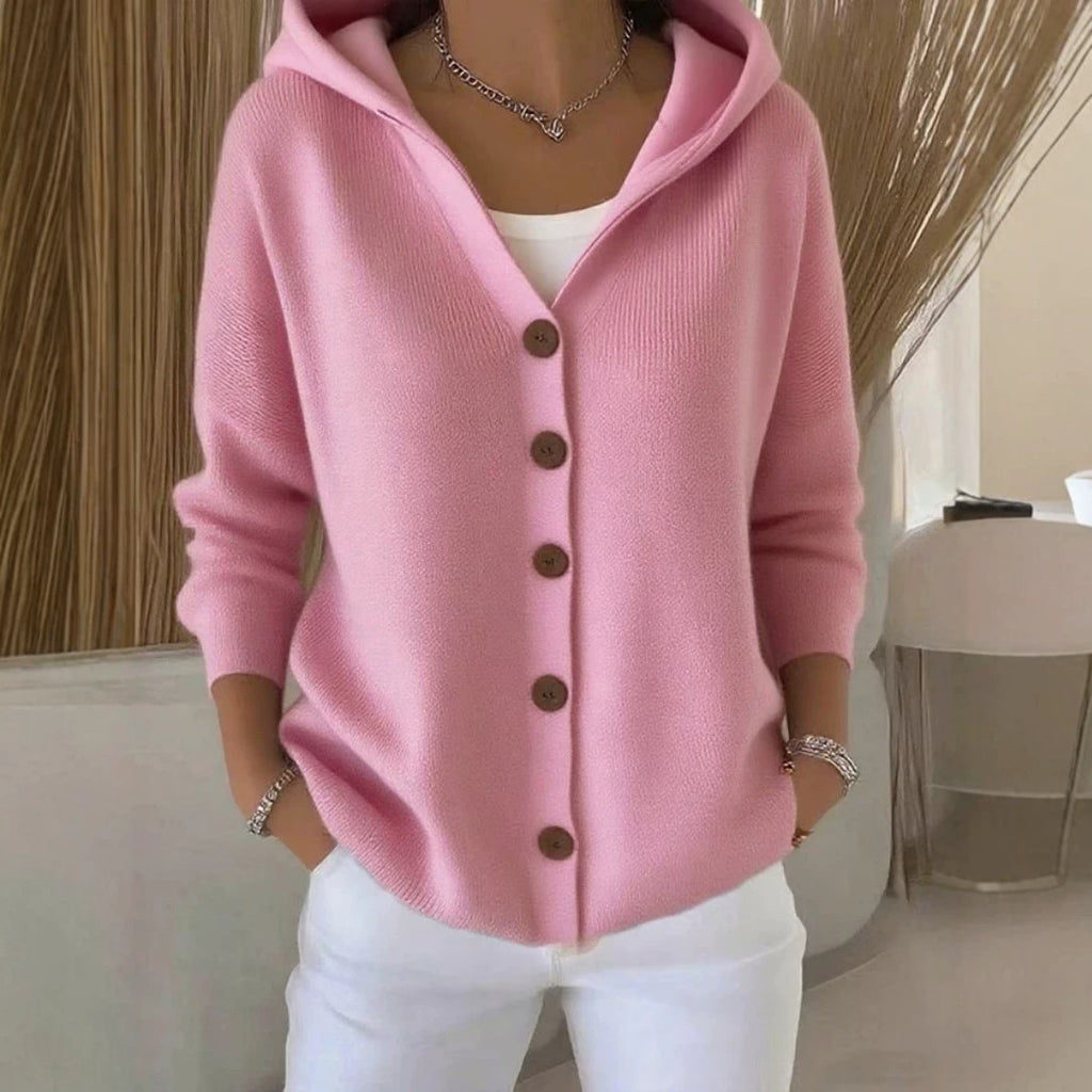 Chaqueta tipo cardigan de punto con capucha para mujer, estilo casual y liso