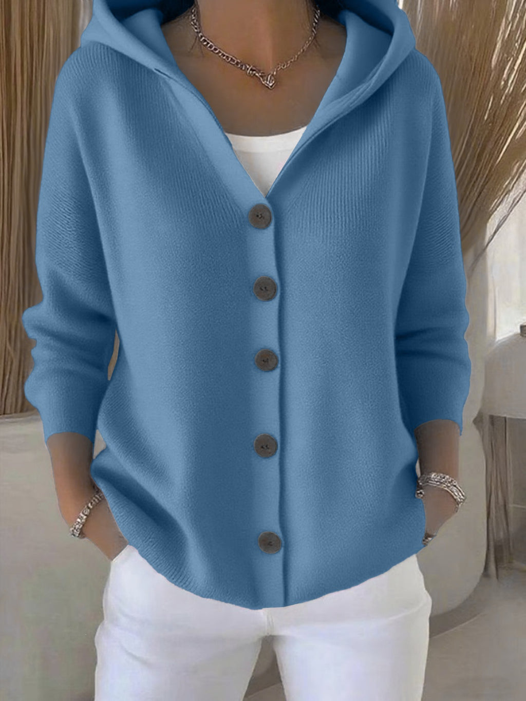 Chaqueta tipo cardigan de punto con capucha para mujer, estilo casual y liso