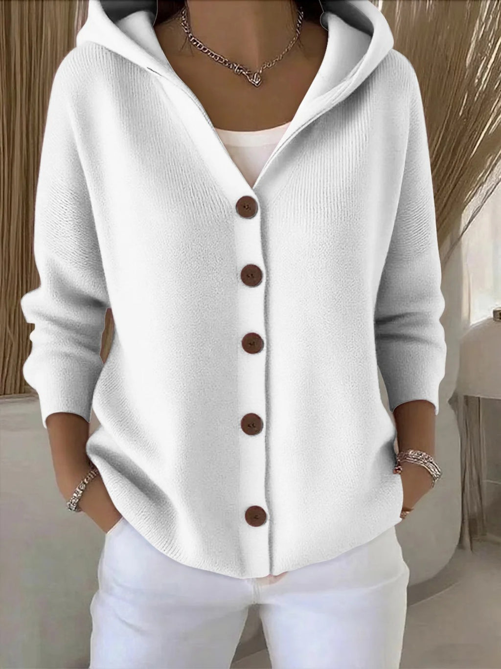 Chaqueta tipo cardigan de punto con capucha para mujer, estilo casual y liso