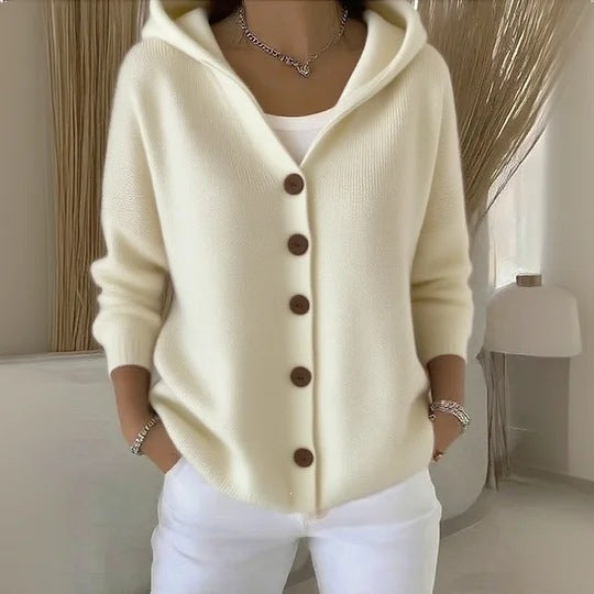 Chaqueta tipo cardigan de punto con capucha para mujer, estilo casual y liso