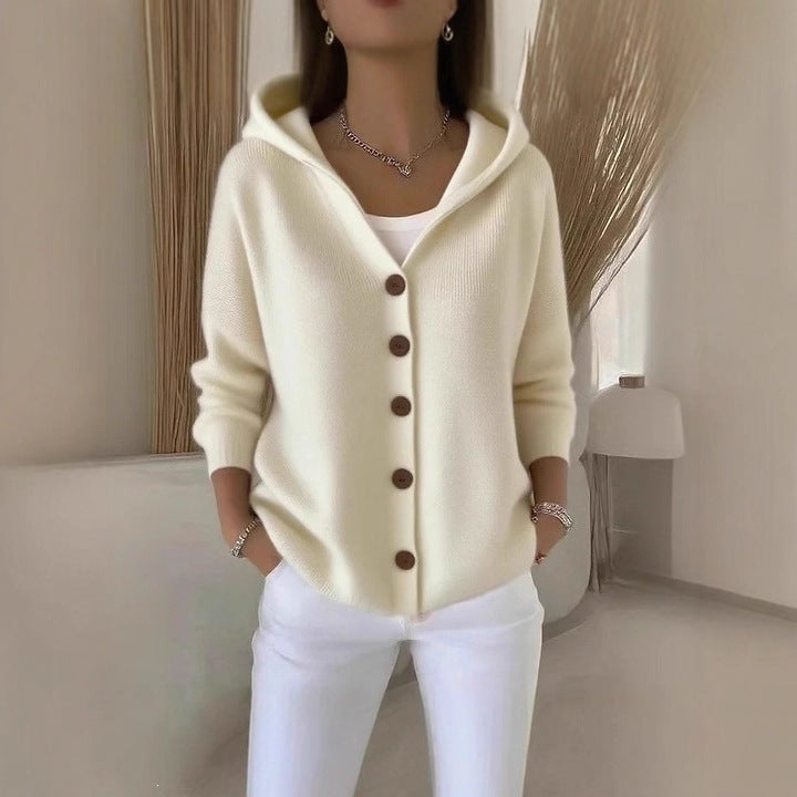 Chaqueta tipo cardigan de punto con capucha para mujer, estilo casual y liso