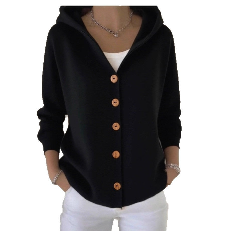 Chaqueta tipo cardigan de punto con capucha para mujer, estilo casual y liso